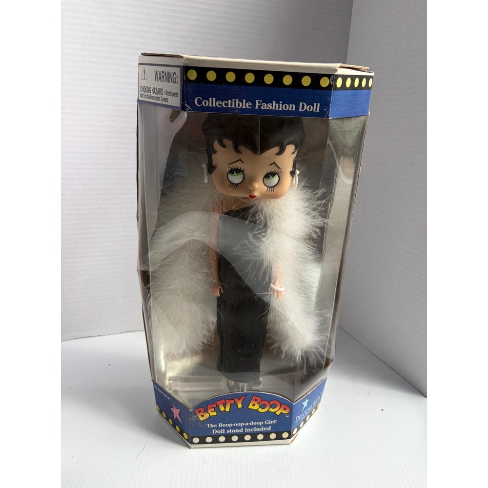 Betty Boop Collectible Fashion Doll In Black Dress Faux Fur Stole 1998 Vintage
